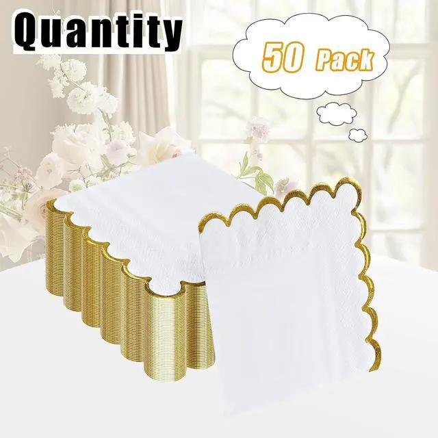 Alt view image 3 of 7 - 50 Pieces 2-Ply White Scalloped Napkins with Gold Foil Cocktail Napkins Disposable Paper Napkins for Dinner Wedding Baby Shower Birthday Party Beverage Napkins
