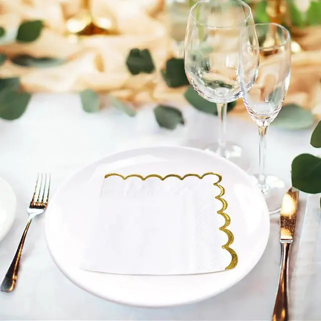 Alt view image 4 of 7 - 50 Pieces 2-Ply White Scalloped Napkins with Gold Foil Cocktail Napkins Disposable Paper Napkins for Dinner Wedding Baby Shower Birthday Party Beverage Napkins