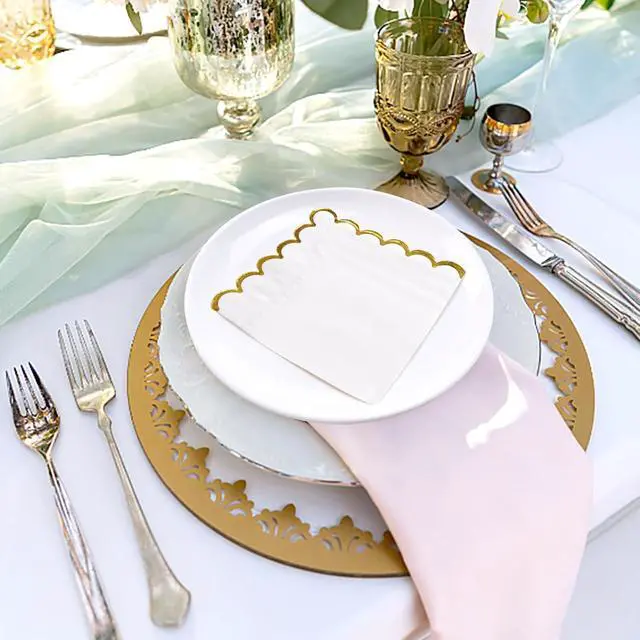 Alt view image 7 of 7 - 50 Pieces 2-Ply White Scalloped Napkins with Gold Foil Cocktail Napkins Disposable Paper Napkins for Dinner Wedding Baby Shower Birthday Party Beverage Napkins