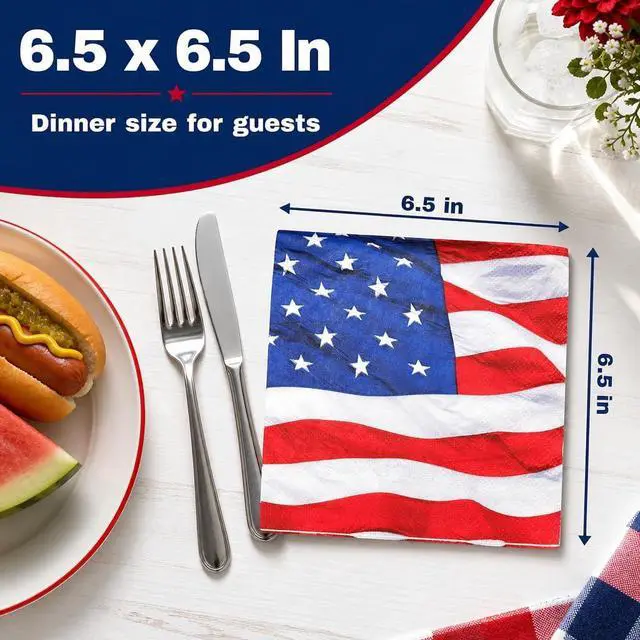 Alt view image 2 of 7 - Iconikal 75-Pack American Flag Disposable Dinner Napkins Party Supplies