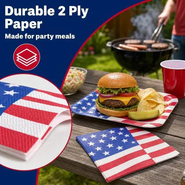 Alt view image 4 of 7 - Iconikal 75-Pack American Flag Disposable Dinner Napkins Party Supplies