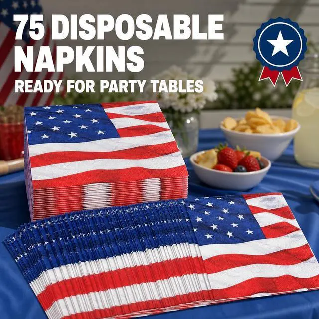 Alt view image 5 of 7 - Iconikal 75-Pack American Flag Disposable Dinner Napkins Party Supplies