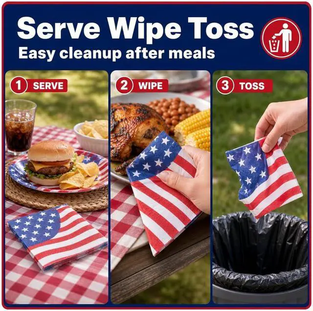 Alt view image 6 of 7 - Iconikal 75-Pack American Flag Disposable Dinner Napkins Party Supplies