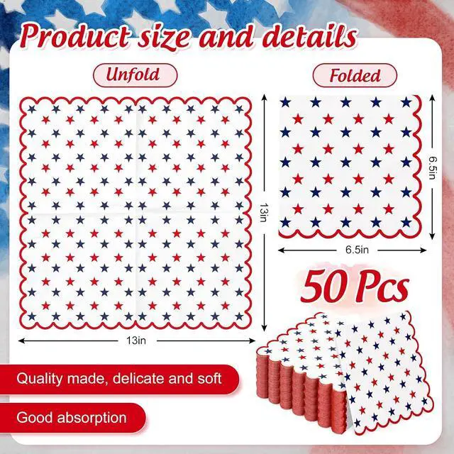 Alt view image 2 of 7 - FYSUIMU 50 Pcs Patriotic Paper Napkin 250th Anniversary Scalloped Disposable Luncheon Napkins Red Blue Star Decorative Dinner Napkin for 4th of July Independence Day Party Tableware Supplies