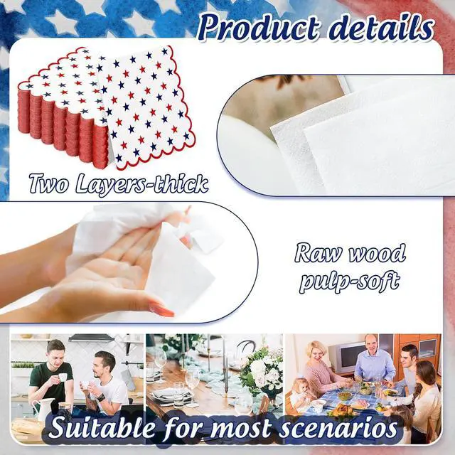 Alt view image 3 of 7 - FYSUIMU 50 Pcs Patriotic Paper Napkin 250th Anniversary Scalloped Disposable Luncheon Napkins Red Blue Star Decorative Dinner Napkin for 4th of July Independence Day Party Tableware Supplies