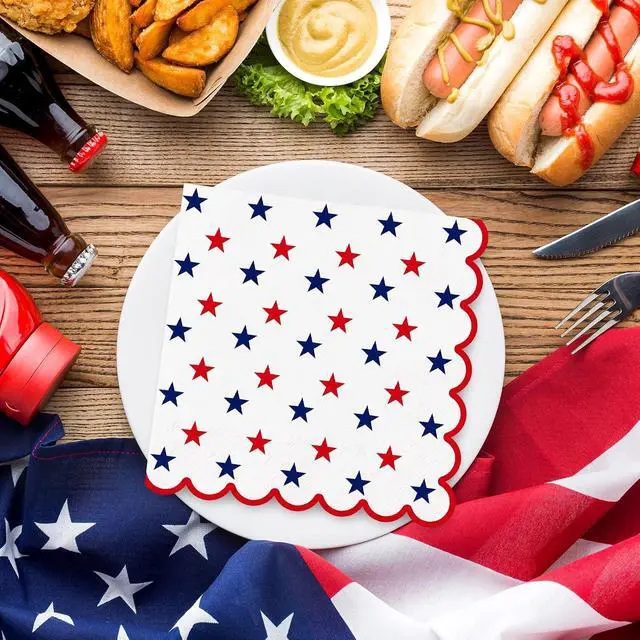 Alt view image 5 of 7 - FYSUIMU 50 Pcs Patriotic Paper Napkin 250th Anniversary Scalloped Disposable Luncheon Napkins Red Blue Star Decorative Dinner Napkin for 4th of July Independence Day Party Tableware Supplies