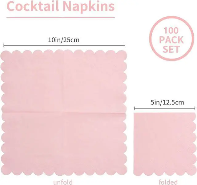 Alt view image 2 of 7 - 100 Pack Cocktail Napkin 2-Ply Scalloped Edged Pink Napkins 5 x 5IN | Disposable Napkins for Dinner Wedding Birthday Party, Bridal Anniversary Reception Event