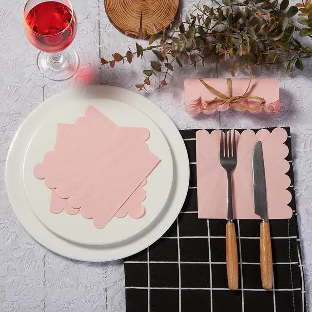 Alt view image 5 of 7 - 100 Pack Cocktail Napkin 2-Ply Scalloped Edged Pink Napkins 5 x 5IN | Disposable Napkins for Dinner Wedding Birthday Party, Bridal Anniversary Reception Event