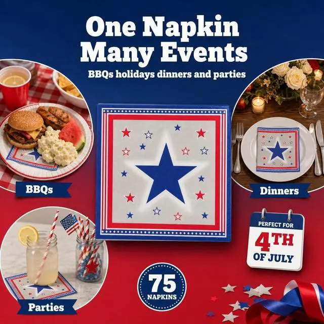 Alt view image 6 of 7 - Iconikal 75 Pack Disposable Americana Paper Napkins 6.5 x 6.5" Star