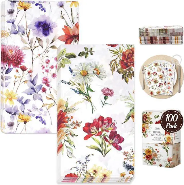 Main image of Decorably 2-Ply 100 Pack Disposable Wildflower Decorative Dinner Napkins | 4.3x7.9in Folded Rectangle Paper Guest Towels, 50 Each of 2 Floral Designs for Bridal Shower, Baby Shower & Bathroom