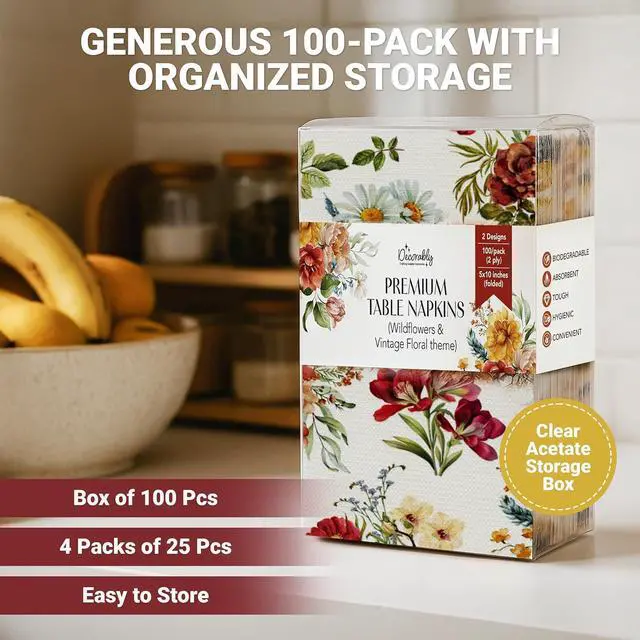 Alt view image 4 of 7 - Decorably 2-Ply 100 Pack Disposable Wildflower Decorative Dinner Napkins | 4.3x7.9in Folded Rectangle Paper Guest Towels, 50 Each of 2 Floral Designs for Bridal Shower, Baby Shower & Bathroom