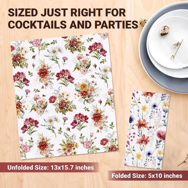 Alt view image 3 of 7 - Decorably 2-Ply 100 Pack Disposable Wildflower Decorative Dinner Napkins | 4.3x7.9in Folded Rectangle Paper Guest Towels, 50 Each of 2 Floral Designs for Bridal Shower, Baby Shower & Bathroom