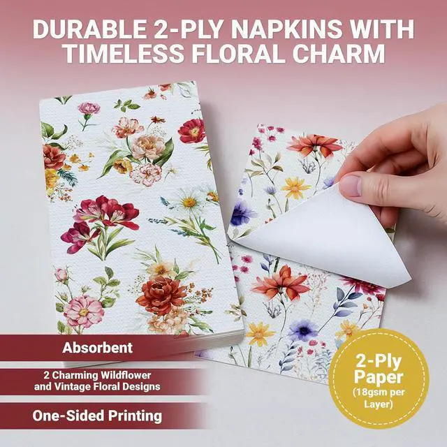 Alt view image 5 of 7 - Decorably 2-Ply 100 Pack Disposable Wildflower Decorative Dinner Napkins | 4.3x7.9in Folded Rectangle Paper Guest Towels, 50 Each of 2 Floral Designs for Bridal Shower, Baby Shower & Bathroom