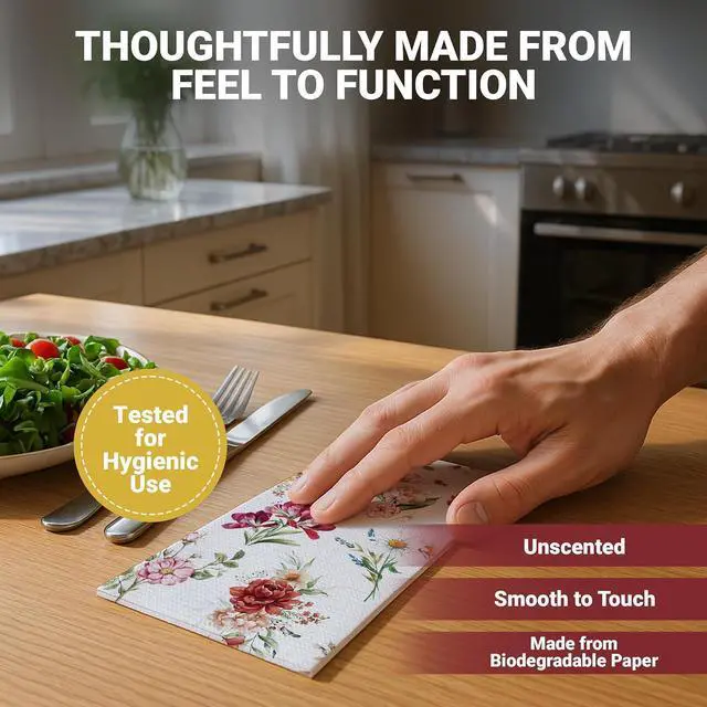 Alt view image 6 of 7 - Decorably 2-Ply 100 Pack Disposable Wildflower Decorative Dinner Napkins | 4.3x7.9in Folded Rectangle Paper Guest Towels, 50 Each of 2 Floral Designs for Bridal Shower, Baby Shower & Bathroom