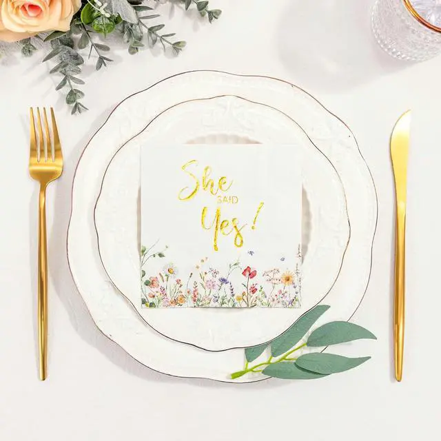 Alt view image 3 of 7 - Crisky 3-Ply Engagement Napkins Floral Gold Foil She Said Yes Paper Disposable Napkins for Bachelorette/Engagement/Bridal Shower Party Decoration, 50 Counts