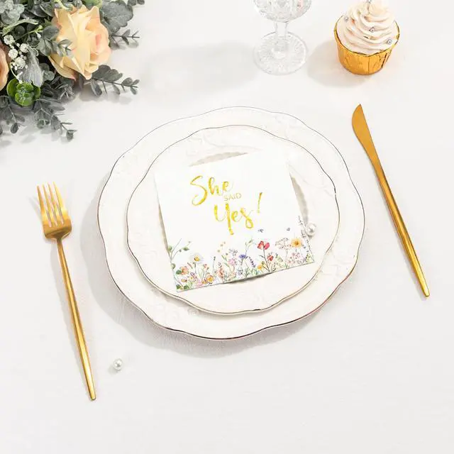 Alt view image 5 of 7 - Crisky 3-Ply Engagement Napkins Floral Gold Foil She Said Yes Paper Disposable Napkins for Bachelorette/Engagement/Bridal Shower Party Decoration, 50 Counts