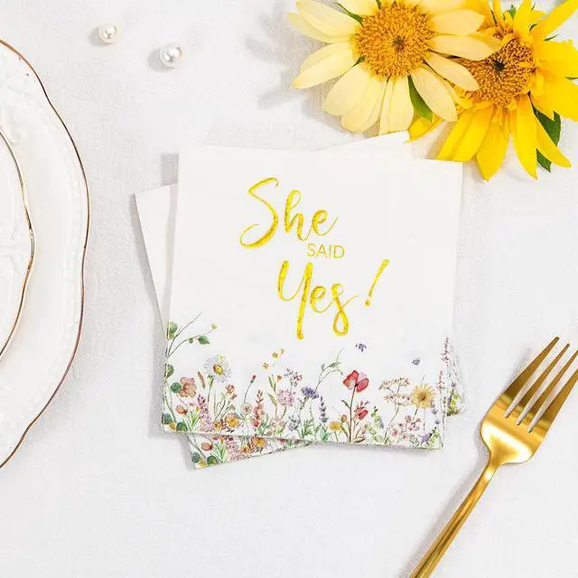 Alt view image 4 of 7 - Crisky 3-Ply Engagement Napkins Floral Gold Foil She Said Yes Paper Disposable Napkins for Bachelorette/Engagement/Bridal Shower Party Decoration, 50 Counts