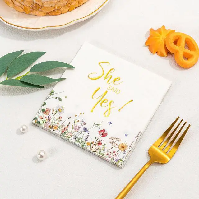 Alt view image 6 of 7 - Crisky 3-Ply Engagement Napkins Floral Gold Foil She Said Yes Paper Disposable Napkins for Bachelorette/Engagement/Bridal Shower Party Decoration, 50 Counts