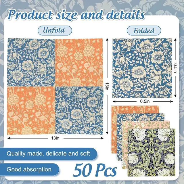 Alt view image 2 of 7 - Whaline 50Pcs Vintage Floral Paper Napkins | Disposable Decoupage Luncheon Napkins, Vintage Flower Design, for Spring Birthday Wedding Party Table Decor