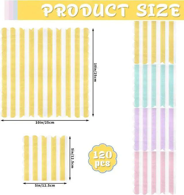 Alt view image 2 of 7 - 120 Pcs Pastel Napkins, Striped Scalloped Ice Cream Napkins, 5" | 4 Pastel Colors, Soft Absorbent, Pastel Party Napkins for Summer Party, Baby Shower, Birthday