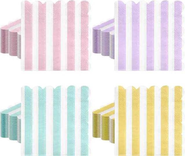 Main image of 120 Pcs Pastel Napkins, Striped Scalloped Ice Cream Napkins, 5" | 4 Pastel Colors, Soft Absorbent, Pastel Party Napkins for Summer Party, Baby Shower, Birthday