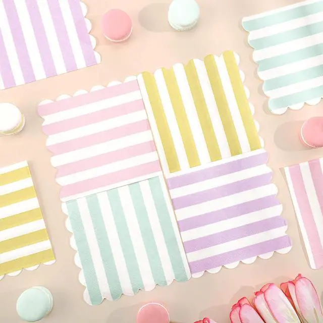 Alt view image 4 of 7 - 120 Pcs Pastel Napkins, Striped Scalloped Ice Cream Napkins, 5" | 4 Pastel Colors, Soft Absorbent, Pastel Party Napkins for Summer Party, Baby Shower, Birthday