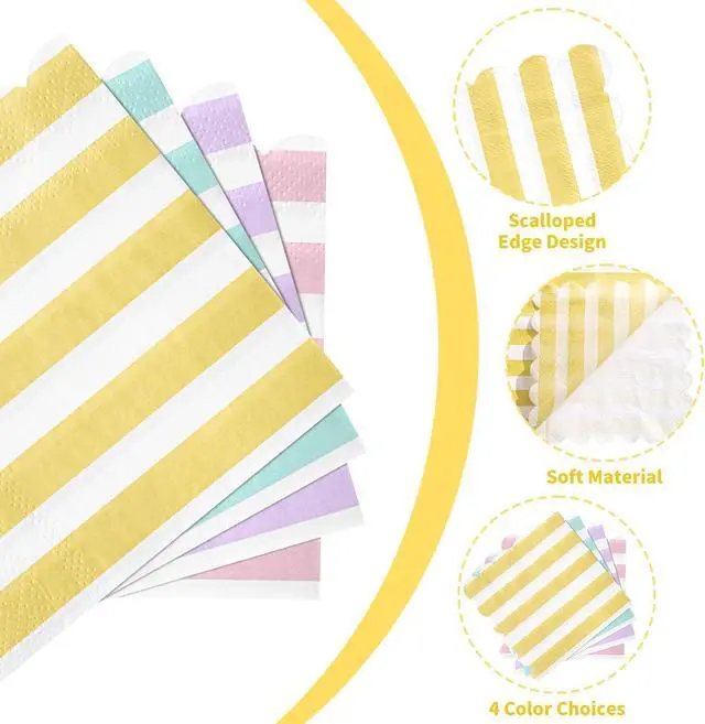 Alt view image 3 of 7 - 120 Pcs Pastel Napkins, Striped Scalloped Ice Cream Napkins, 5" | 4 Pastel Colors, Soft Absorbent, Pastel Party Napkins for Summer Party, Baby Shower, Birthday