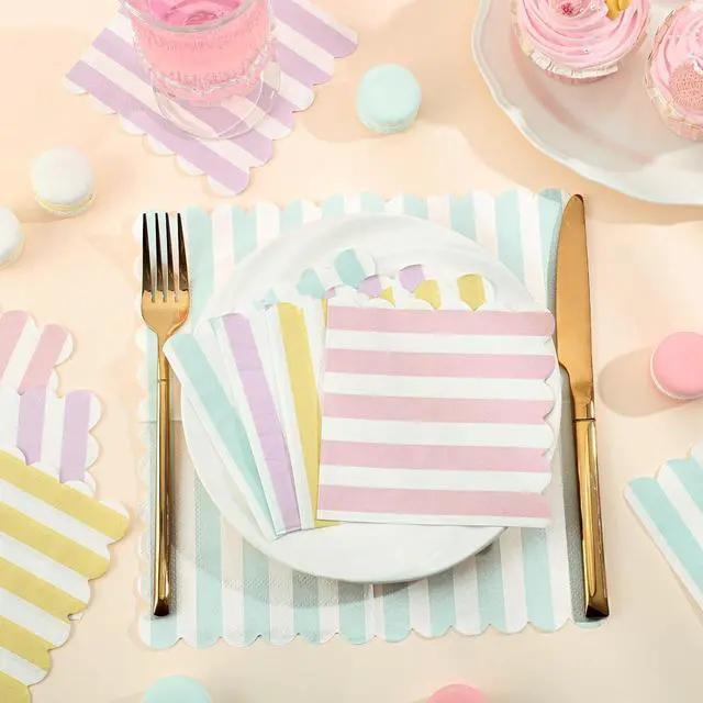 Alt view image 5 of 7 - 120 Pcs Pastel Napkins, Striped Scalloped Ice Cream Napkins, 5" | 4 Pastel Colors, Soft Absorbent, Pastel Party Napkins for Summer Party, Baby Shower, Birthday