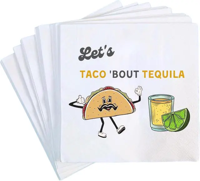 Main image of Taco and Tequila Cocktail Napkins, 50 Pack White, Funny Fiesta Napkin for Margaritas, Mexican Party Decorations, Cinco de Mayo, Bachelorette Supplies