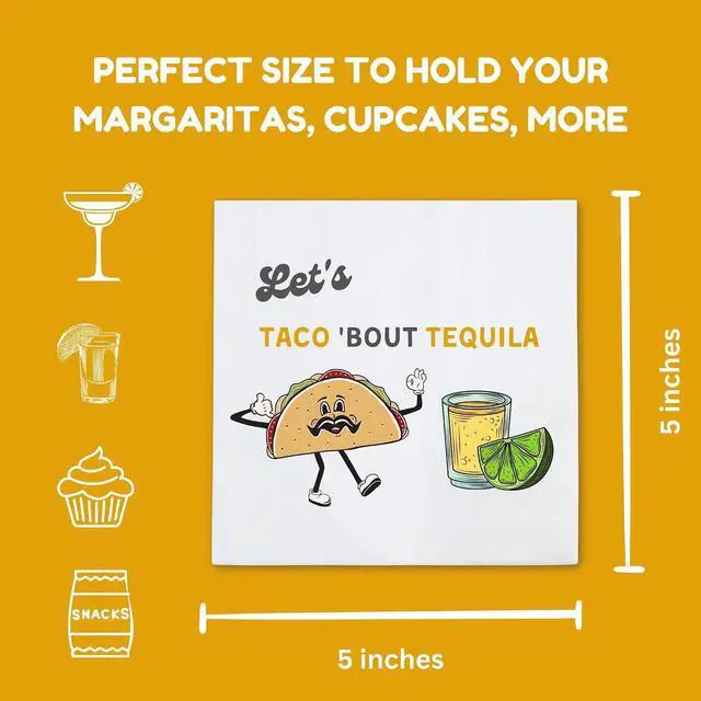 Alt view image 3 of 7 - Taco and Tequila Cocktail Napkins, 50 Pack White, Funny Fiesta Napkin for Margaritas, Mexican Party Decorations, Cinco de Mayo, Bachelorette Supplies