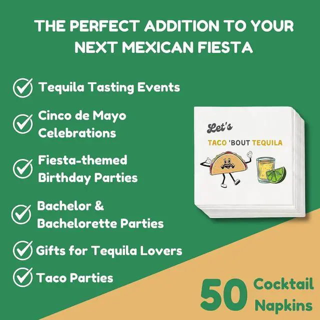 Alt view image 5 of 7 - Taco and Tequila Cocktail Napkins, 50 Pack White, Funny Fiesta Napkin for Margaritas, Mexican Party Decorations, Cinco de Mayo, Bachelorette Supplies