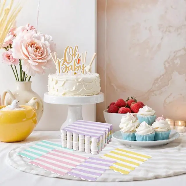 Alt view image 6 of 7 - 120 Pcs Pastel Napkins, Striped Scalloped Ice Cream Napkins, 5" | 4 Pastel Colors, Soft Absorbent, Pastel Party Napkins for Summer Party, Baby Shower, Birthday