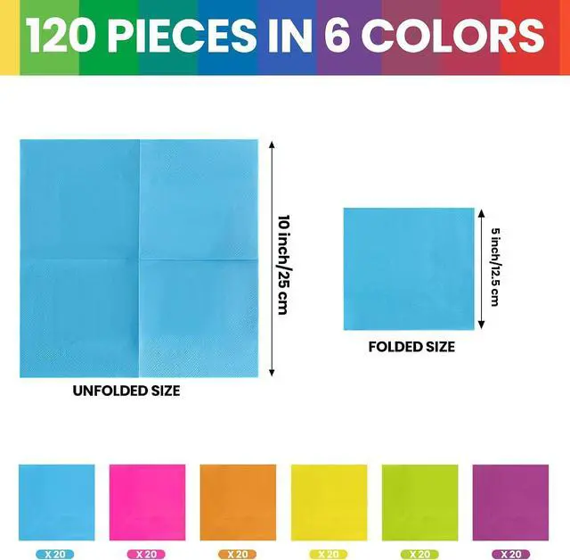 Alt view image 2 of 7 - Colorful Cocktail Napkins, 120 Pcs, 2-Ply Disposable Napkins | 5x5 inch Folded, Soft & Absorbent, 6 Bright Colors, Ideal for Birthday Party, Cocktail Bar & Dessert Table