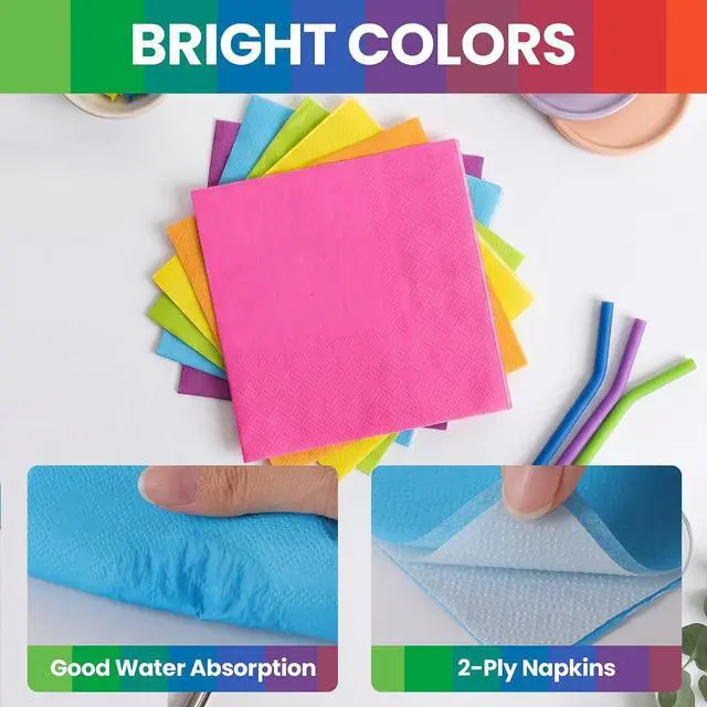 Alt view image 3 of 7 - Colorful Cocktail Napkins, 120 Pcs, 2-Ply Disposable Napkins | 5x5 inch Folded, Soft & Absorbent, 6 Bright Colors, Ideal for Birthday Party, Cocktail Bar & Dessert Table