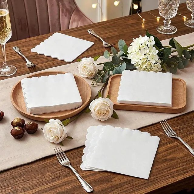 Alt view image 5 of 7 - White Scalloped Cocktail Napkins, 100ct Disposable Dessert Party Napkins | 5x5 in 2Ply Disposable Paper Cocktail & Appetizer Napkins for Party, Birthday, Wedding, Dinner & Daily Use, 4Pack 25ct