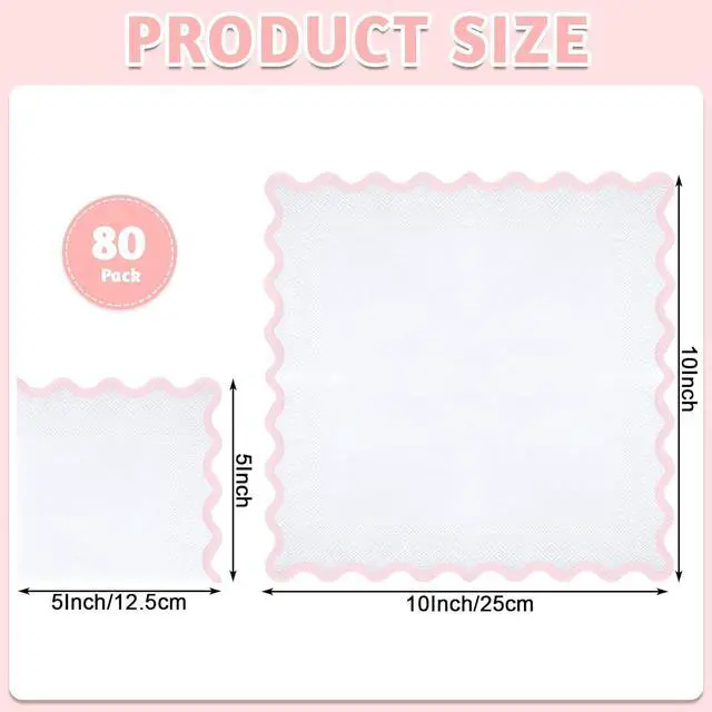 Alt view image 2 of 7 - 80 Pcs Pink and White Napkins, 3 Ply Scalloped Cocktail Napkins 5 x 5 Inch | Disposable Dessert Beverage Napkin Cute Dinner Napkin for Wedding, Baby Bridal Shower, Birthday