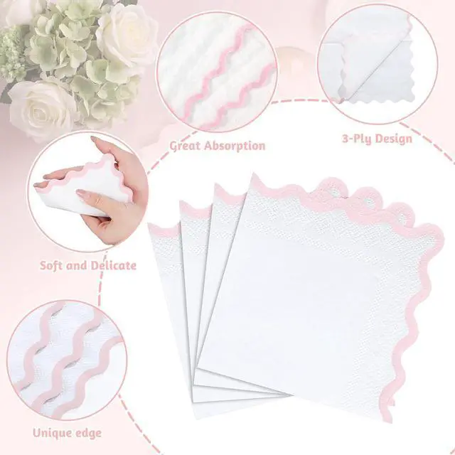 Alt view image 3 of 7 - 80 Pcs Pink and White Napkins, 3 Ply Scalloped Cocktail Napkins 5 x 5 Inch | Disposable Dessert Beverage Napkin Cute Dinner Napkin for Wedding, Baby Bridal Shower, Birthday