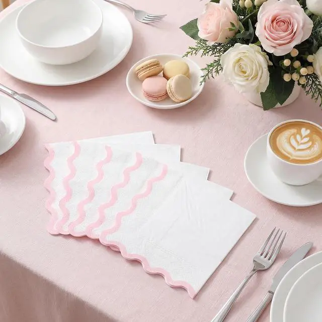 Alt view image 4 of 7 - 80 Pcs Pink and White Napkins, 3 Ply Scalloped Cocktail Napkins 5 x 5 Inch | Disposable Dessert Beverage Napkin Cute Dinner Napkin for Wedding, Baby Bridal Shower, Birthday