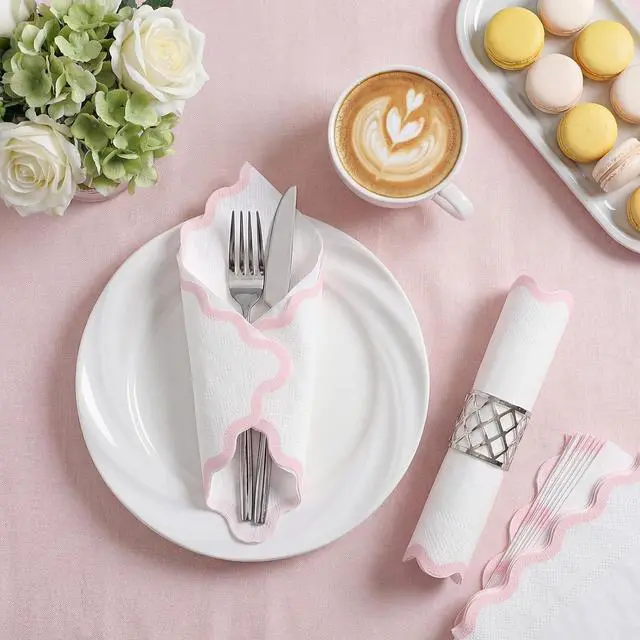 Alt view image 5 of 7 - 80 Pcs Pink and White Napkins, 3 Ply Scalloped Cocktail Napkins 5 x 5 Inch | Disposable Dessert Beverage Napkin Cute Dinner Napkin for Wedding, Baby Bridal Shower, Birthday