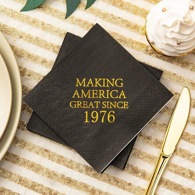 Alt view image 2 of 5 - Crisky 50th Birthday Disposable Napkins Black and Gold Dessert Beverage Cocktail Cake Napkins 50th Birthday Decoration Party Supplies for Man, Vintage 1976, 50 Pack 4.9"x4.9" Folded