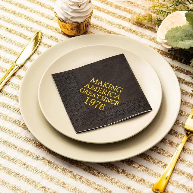 Alt view image 4 of 5 - Crisky 50th Birthday Disposable Napkins Black and Gold Dessert Beverage Cocktail Cake Napkins 50th Birthday Decoration Party Supplies for Man, Vintage 1976, 50 Pack 4.9"x4.9" Folded