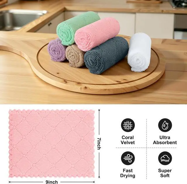 Alt view image 2 of 7 - Homaxy Super Soft 12 Pack Coral Velvet Dish Cloths, 7" x 9", Mixed | Ultra-Absorbent Dishcloths, No Lint, Nonstick Oil, Fast Drying, Microfiber Cleaning Cloth