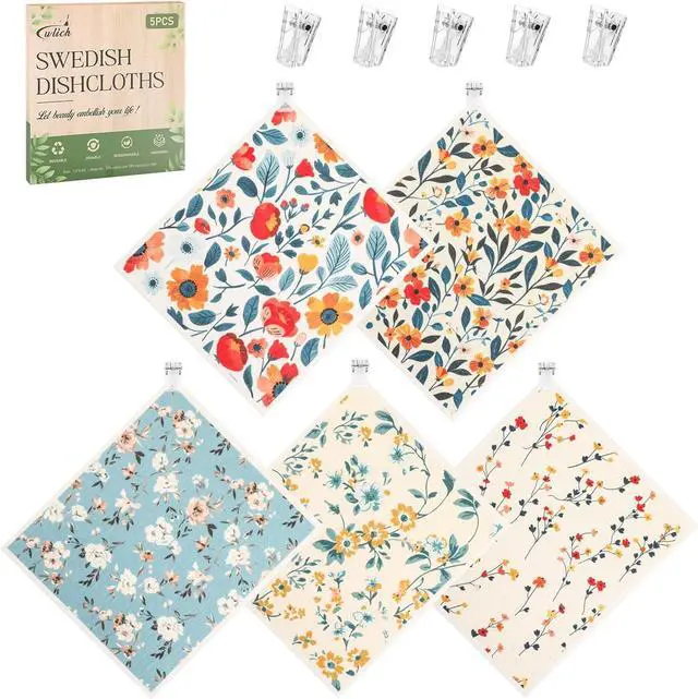 Alt view image 2 of 7 - wlich 5 Pack Swedish Dishcloths, Reusable Kitchen Towels with Clips, Plant | Non-Scratch Kitchen Towels and Dishcloths Sets, Washable Swedish Dish Cloths with Clips, for Dishes, Counters, Glass, Sink