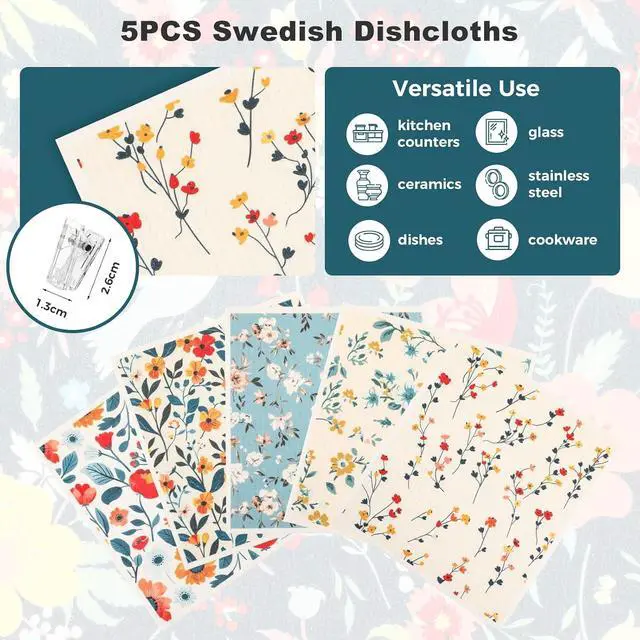 Alt view image 6 of 7 - wlich 5 Pack Swedish Dishcloths, Reusable Kitchen Towels with Clips, Plant | Non-Scratch Kitchen Towels and Dishcloths Sets, Washable Swedish Dish Cloths with Clips, for Dishes, Counters, Glass, Sink