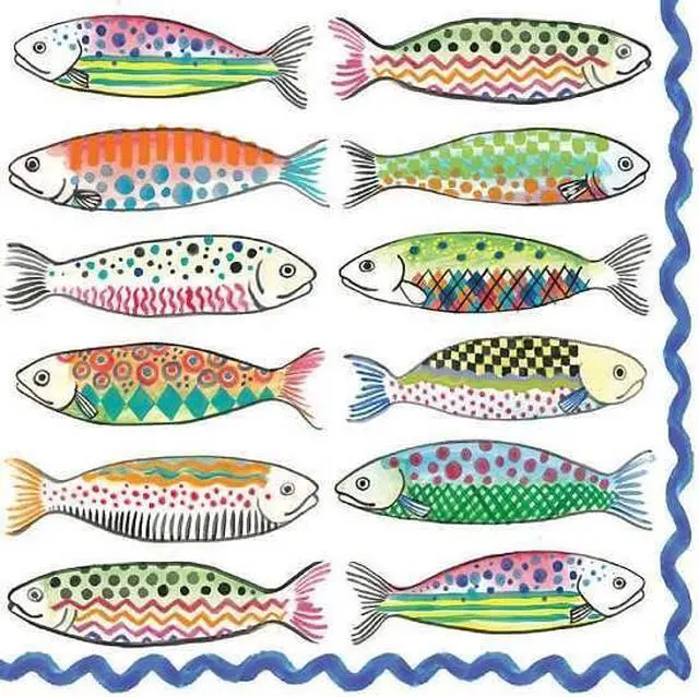 Main image of MACKENZIE-CHILDS Cocktail Paper Napkin Pack, Go Fish | Decorative triple-ply dinner napkins, 5" sq. folded, 9.75" sq. unfolded, pack of 20