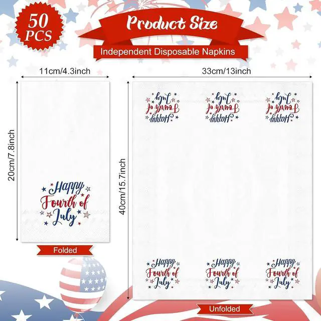 Alt view image 2 of 7 - JarThenaAMCS 50Pcs Patriotic Guest Napkins Disposable Paper Napkins Red Blue Happy Fourth of July Dinner Hand Towel for Independence Day 250th Anniversary Memorial Day Bathroom Supplies