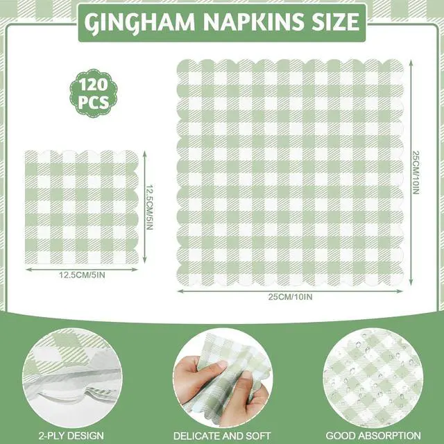 Alt view image 2 of 7 - 120 Pcs Green Gingham Napkins 5" Sage Green Cocktail Napkins, Scalloped