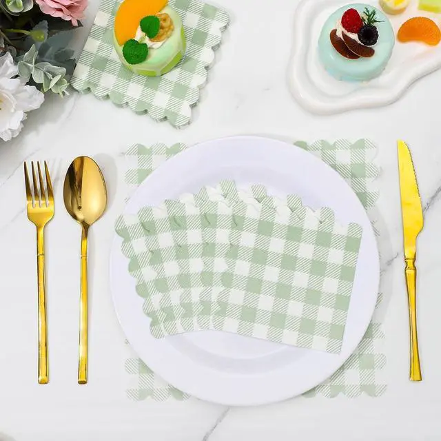 Alt view image 3 of 7 - 120 Pcs Green Gingham Napkins 5" Sage Green Cocktail Napkins, Scalloped