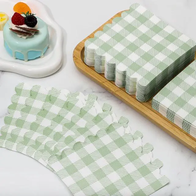 Alt view image 4 of 7 - 120 Pcs Green Gingham Napkins 5" Sage Green Cocktail Napkins, Scalloped