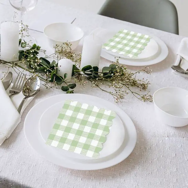 Alt view image 5 of 7 - 120 Pcs Green Gingham Napkins 5" Sage Green Cocktail Napkins, Scalloped